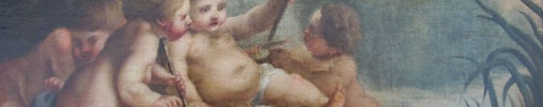 Putti beim Fischfang,  unbekannter Meister, Ende 18.Jh., Öl auf Leinwand, 370x610 mm
